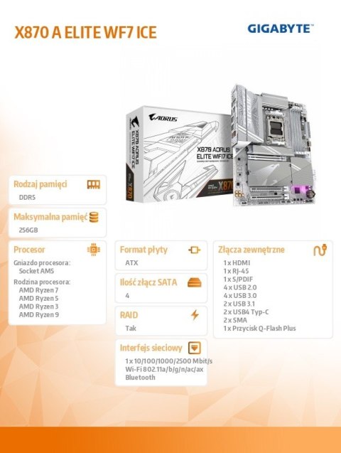 Gigabyte Płyta główna X870 A ELITE WF7 ICE AM 5 4DDR5 HDMI/USB-C ATX