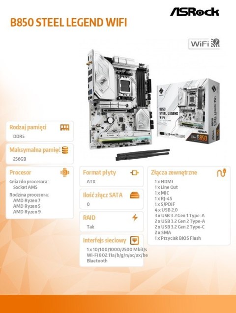 ASRock Płyta główna B850 Steel Legend WiFi AM5 4DDR5 ATX