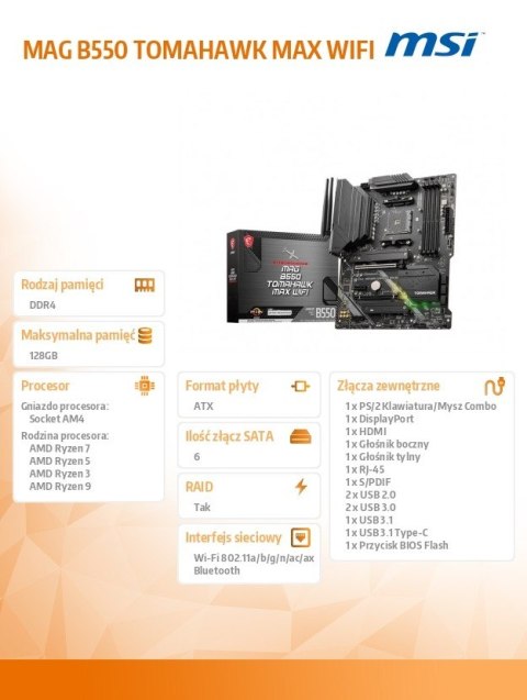 MSI Płyta główna MAG B550 TOMAHAWK MAX WIFI AM4 4DDR4 HDMI/DP 2M.2 ATX