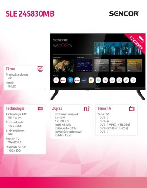 Sencor Telewizor 24 cale Smart webOS LG 12/240V SLE 24S830WB Wi-Fi BT