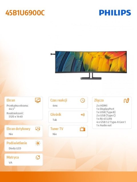 Philips Monitor 45 cali 45B1U6900C VA Curved HDMIx2 DP USB-C HDR KVR HAS Głośniki