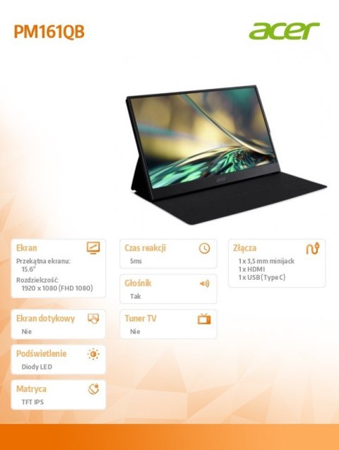 Acer Monitor przenośny 15,6 cala IPS 16:9 PM161QB1bmiuux HDMI USB-C
