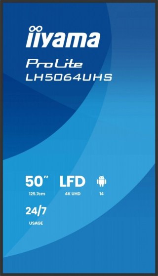 IIYAMA Monitor 50 cali LH5064UHS-B1AG, 24/7,IPS,ANDROID14,4K,500cd,1200:1, 2xHDMI ,USB-C,RJ45, RS-232c, IR, 2x10W, 2xUSB, UCHWYT ŚCIE
