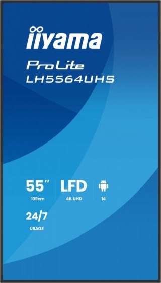 IIYAMA Monitor 55 cali LH5564UHS-B1AG, 24/7,VA,ANDROID14,4K,500cd,5000:1, 2xHDMI ,USB-C,RJ45, RS-232c, IR, 2x10W, 2xUSB, UCHWYT ŚCIE