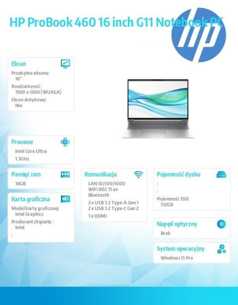 HP Inc. Laptop ProBook 460 G11 U5-125U 512GB/16GB/W11P/16.0 AD1Q3ET