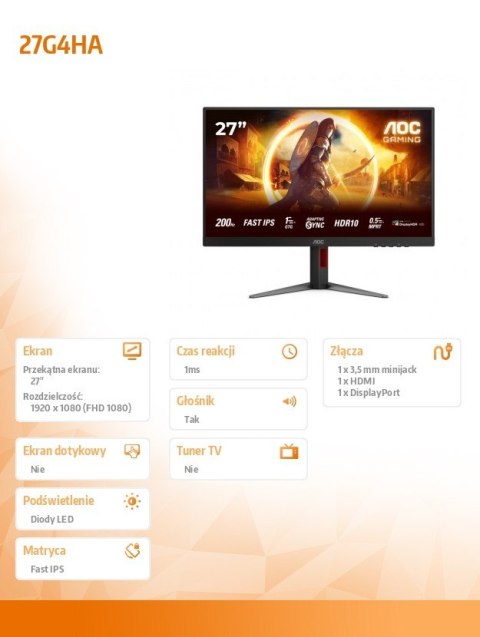 AOC Monitor 27G4HA 27 cali Fast IPS 200Hz HDMIx2 DP Pivot Głośniki