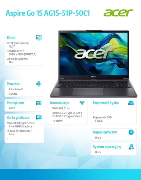 Acer Laptop Aspire Go 15 AG15-51P-50C1 i5-1334U 15.3 cala 16GB 512GB NoOS czarny