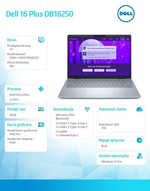 Dell Laptop Dell 14 Plus DB14250 Win11Pro Ultra 7 258V/32GB/1TB/14.0 2.5K/Arc/FgrPr/WLAN + BT/Backlit Kb/4 Cell/3Y Basic Onsite