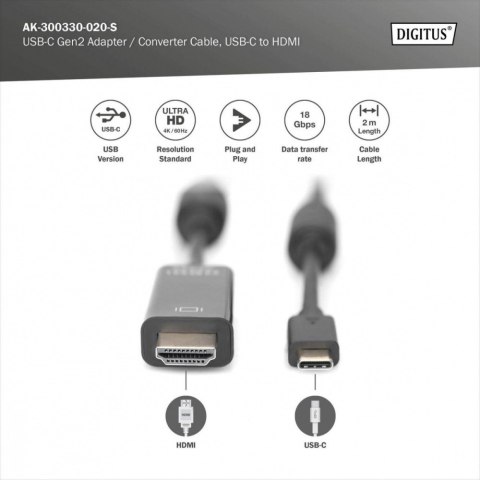 Digitus Kabel USB Type-C/HDMI M/M USB 3.1 Gen.2 SuperSpeed+ 4K/60Hz 18Gbps 2m czarny