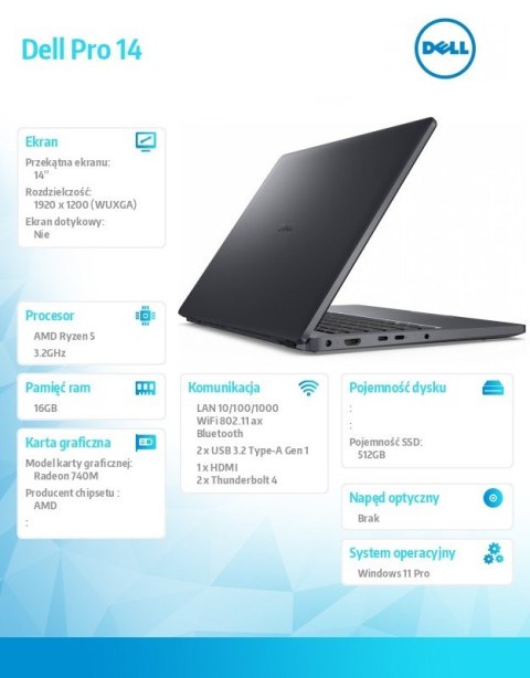 Dell Laptop Dell Pro 14 PC14255/AMD Ryzen 5 220/16GB/512GB SSD CL25/14.0 FHD+/Radeon 740M/FgrPr/FHD/IR Cam/Mic/WLAN+BT/Backlit Kb/3 C