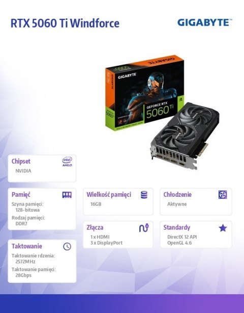 Gigabyte Karta graficzna GeForce RTX 5060 Ti WINDFORCE OC 16G 128BIT GDDR7 HDMI/3DP