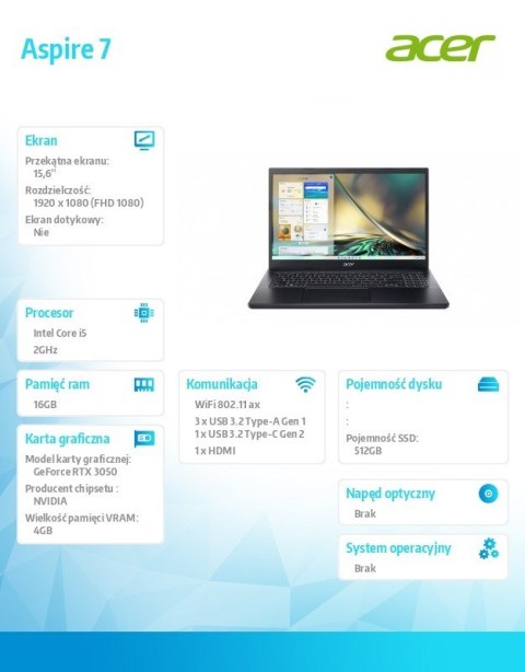 Acer Laptop Gaming Aspire 7 A715-76G-5303 i5-12450H, 15.6 FHD, 16GB, 512GB SSD, GeForce RTX 3050 4GB, NoOS, czarny