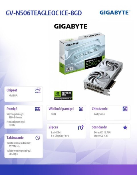 Gigabyte Karta graficzna GeForce RTX 5060 Ti EAGLE OC ICE 8G 128BIT GDDR7 HDMI/3DP