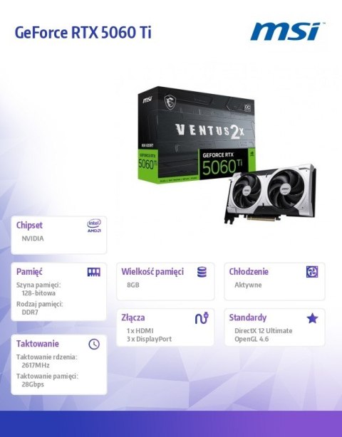 MSI Karta graficzna GeForce RTX 5060 Ti 8G VENTUS 2X OC PLUS
