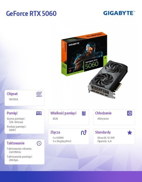 Gigabyte Karta graficzna GeForce RTX 5060 WINDFORCE 8G GDDR7 3DP/HDMI