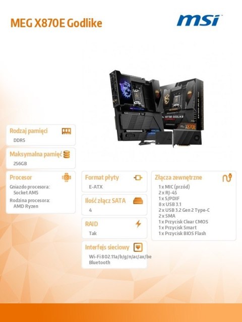 MSI Płyta główna MEG X870E GODLIKE AM5 4DDR5 ATX
