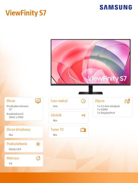 Samsung Monitor 37 cali ViewFinity S70D VA 3840x2160 UHD 16:9 1xHDMI 1xDP 5ms PinP/PbyP 60Hz płaski 2Yd2d (LS37D700EAUXEN)