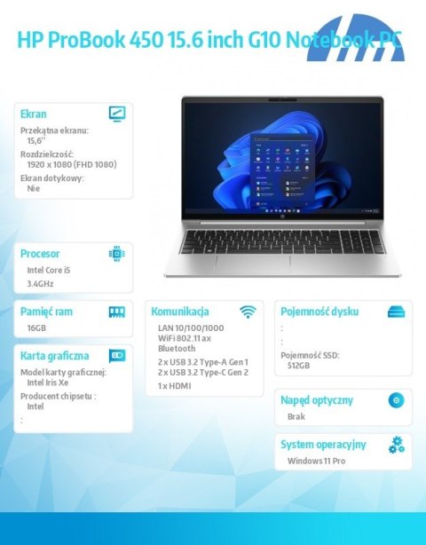 HP Inc. Laptop ProBook 450 G10 i5-1334U 512GB/16GB/W11P AD1D1ET