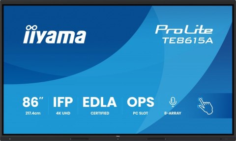 IIYAMA Monitor 86 cali TE8615A-B1AG IPS,4K,40pkt,550cd,DeepContrast-IR+, HDMI x2,DP,USB-C, 2 x 20W, OPS Slot x1, 5xUSB, 2xRJ45,8-Arr