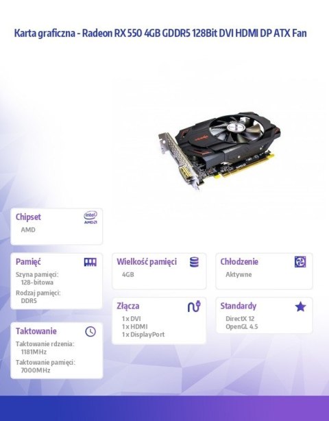 AFOX Karta graficzna Radeon RX 550 4GB GDDR5 128Bit DVI HDMI DP ATX Fan