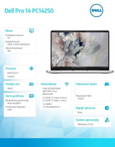 Dell Laptop Dell Pro 14 PC14250 W11P C5 220U/16GB/512GB CL25/14.0 FHD+/INT/FgrPr/FHD/IRCam/Mic/WLAN+BT/BcklKb/3C/3YPS Magnetite color