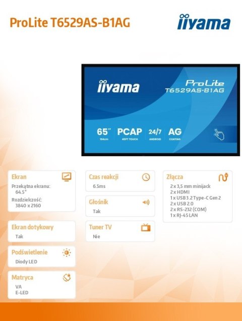IIYAMA Monitor 65 cali T6529AS-B1AG VA,4K,HDMIx2,USB-C,RJ45,2x10W,WiFi, Android 14, Signal FailOver, Whiteboard, iiSignage2 (CMS), 