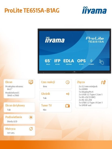 IIYAMA Monitor 65 cali TE6515A-B1AG IPS,4K,40pkt,550cd,DeepContrast-IR+, HDMI x2,DP,USB-C, 2 x 20W, OPS Slot x1, 5xUSB, 2xRJ45,8-Arr
