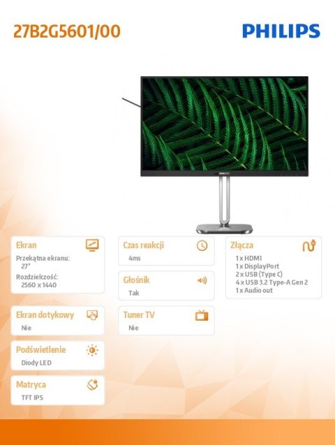 Philips Monitor 27B2G5601 27 cali IPS 100Hz HDMI DP RJ45 USB-C Pivot Głośniki