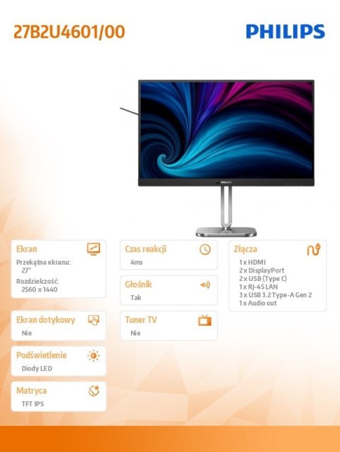 Philips Monitor 27B2U4601 27 cali IPS 120Hz HDMI DP RJ45 USB-C Pivot Głośniki