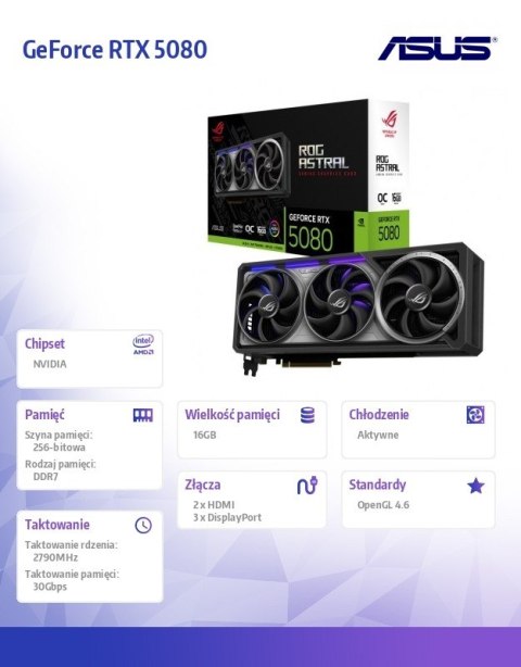 Asus Karta graficzna GeForce RTX 5080 ROG ASTRAL OC GDDR7 256bit 3DP/2HDMI