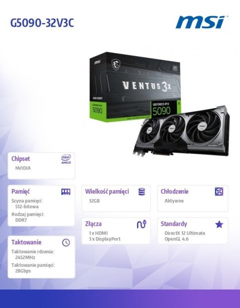MSI Karta graficzna GeForce RTX 5090 32G VENTUS 3X OC