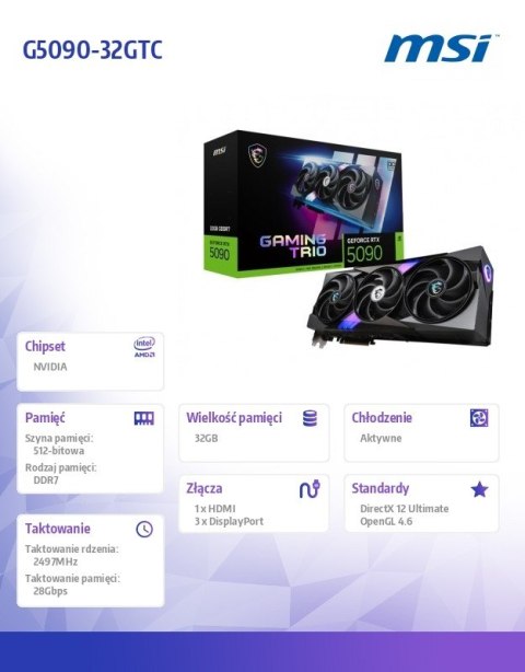 MSI Karta graficzna GeForce RTX 5090 GAMING TRIO OC 32G GDDR7 512bit 3DP/HDMI