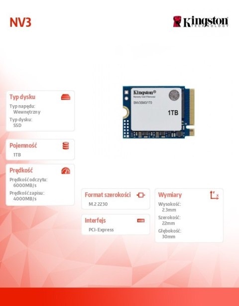 Kingston Dysk SSD NV3 1TB M.2 2230 PCI-e 4.0 NVMe 6000/4000