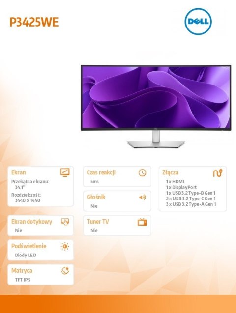 Dell Monitor P3425WE 34.1 cala IPS Curved WQHD (3440x1440)/21:9/HDMI/DP/USB-C/3xUSB/3Y AES&PPG