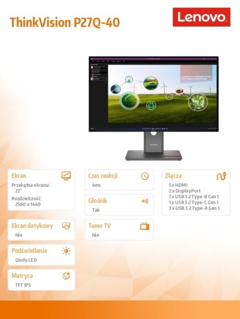 Lenovo Monitor ThinkVision 27.0 P27Q-40 WLED LCD 64A7GAT6EU
