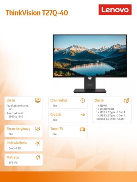 Lenovo Monitor ThinkVision T27Q-40 WLED LCD 64A6GAT6EU