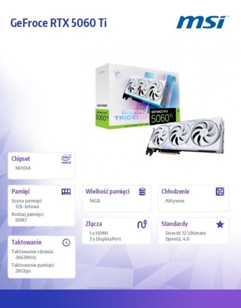MSI Karta graficzna GeForce RTX 5060 Ti 16G GAMING TRIO OC WHITE