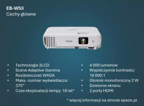 Epson Projektor EB-W53 3LCD/WXGA/4000L/16k:1/HDMI