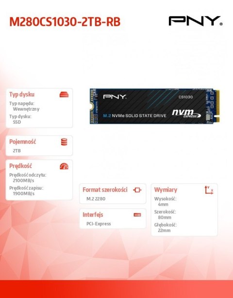 PNY Dysk SSD 2TB M.2 2280 PCIe CS1030 M280CS1030-2TB-RB