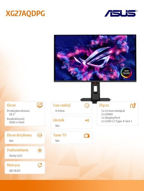 Asus Monitor 26.5 cala XG27AQDPG DP 2HDMI 0.03MS USB HUB