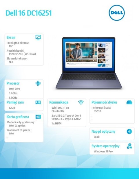 Dell Laptop Dell 16 DC16251 W11P C7-150U/32GB/1TB/16.0 FHD+/Int/FgrPr/WLAN + BT/Backlit Kb/4 Cell/3YPS Platinum Silver