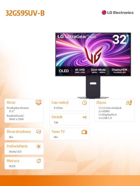 LG Electronics Monitor 32 cale 32GS95UV-B UHD UltraGear