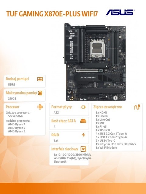 Asus Płyta główna TUF GAMING X870E-PLUS WIFI AM5 4DDR5 HDMI/USB-C