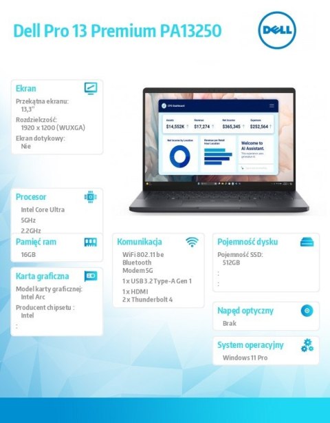 Dell Laptop Dell Pro 13 Premium PA13250 W11P U7-266V/16GB/512GB SSD CL35/13.3 FHD+/Arc/FgrPr/Cams&Mic/5G WWAN+BT/BcklKb/3C/vPro/3YPS 