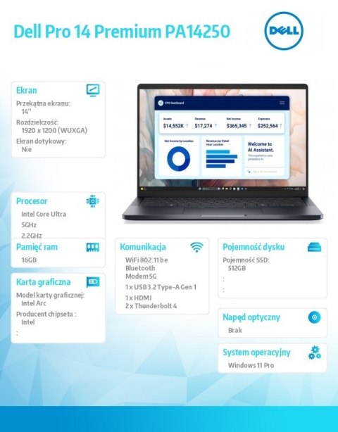Dell Laptop Dell Pro 14 Premium PA14250 W11P U7-266V/16GB/512GB SSD CL35/14.0 FHD+/Arc/FgrPr/Cams&Mic/5G WWAN+BT/BcklKb/3C/vPro/3YPS 