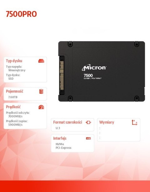 Micron Dysk SSD 7500PRO 7680GB NVMe U.3 15mm Single Pack