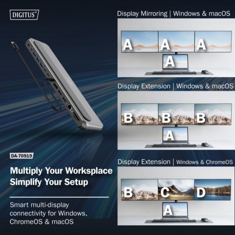 Digitus Stacja dokująca USB-C 12 portowa, max. 8K/30Hz z HDR, HDMI, DP, max. 3 monitory (MST), USB-C 3.2 Gen2, Gigabit Ethernet, SD/Micr