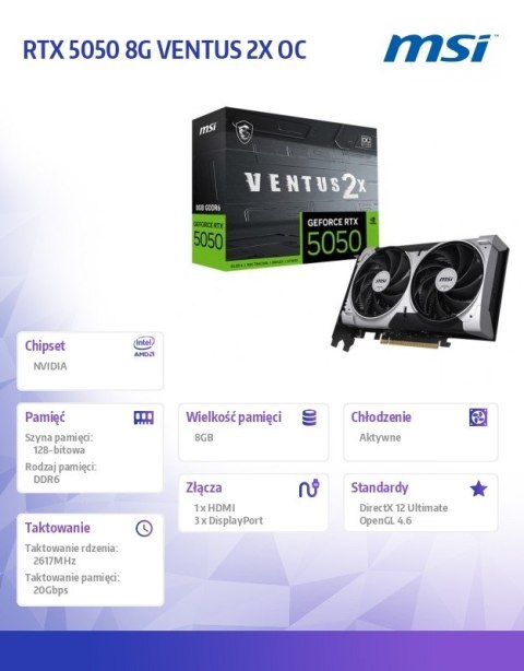 MSI Karta graficzna GeForce RTX 5050 8GB VENTUS 2X OC GDDR6 128BIT DP/HDMI