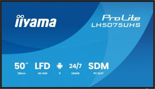 IIYAMA Monitor 50 cali LH5075UHS-B2AG,24/7,VA,ANDROID.11,4K,500cd,3xHDMI,DP, RJ45,2x10W,2xUSB,WiFi,4/32GB,24/7,A311D2, full daisy chain