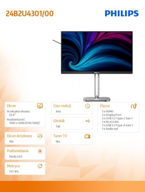 Philips Monitor 24B2U4301 23.8 cala IPS 120Hz HDMI DP USB-C Pivot Głośniki